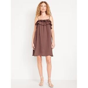 NWT Old Navy Women's L Brown Ruffle-Trim Satin Mini Dress Fairy Date Night